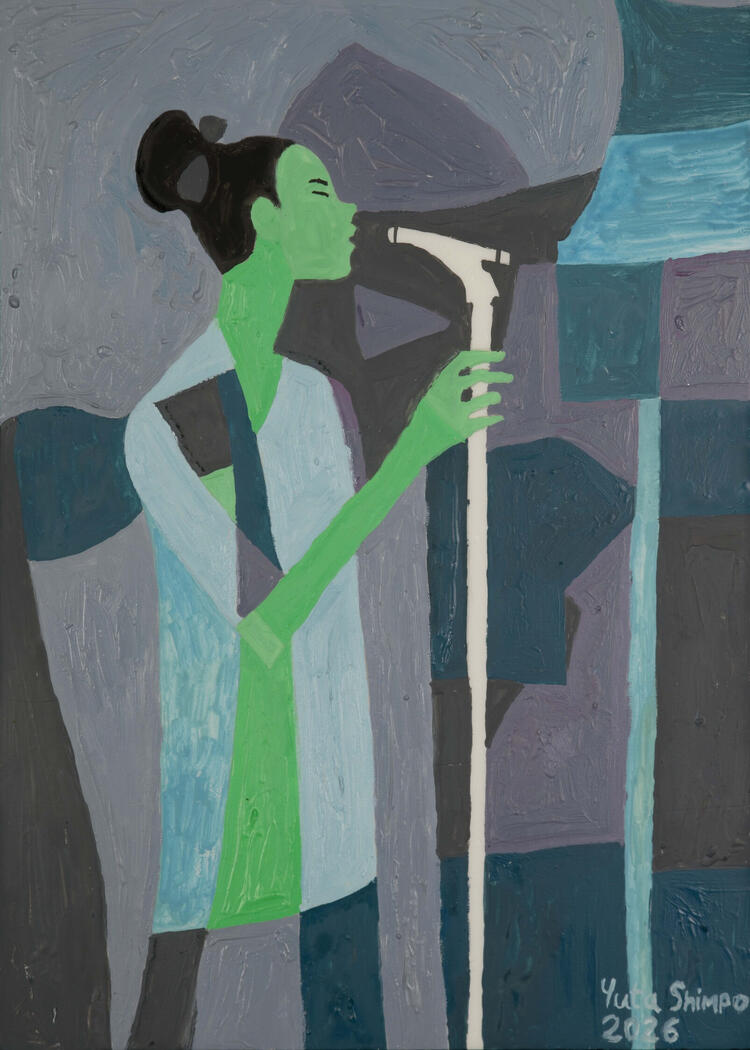 A green-skinned musician bends into the melody, distorting the space around her. This work visualises the soulful stretch and emotional pull of the blues, where colour and form respond directly to sound.