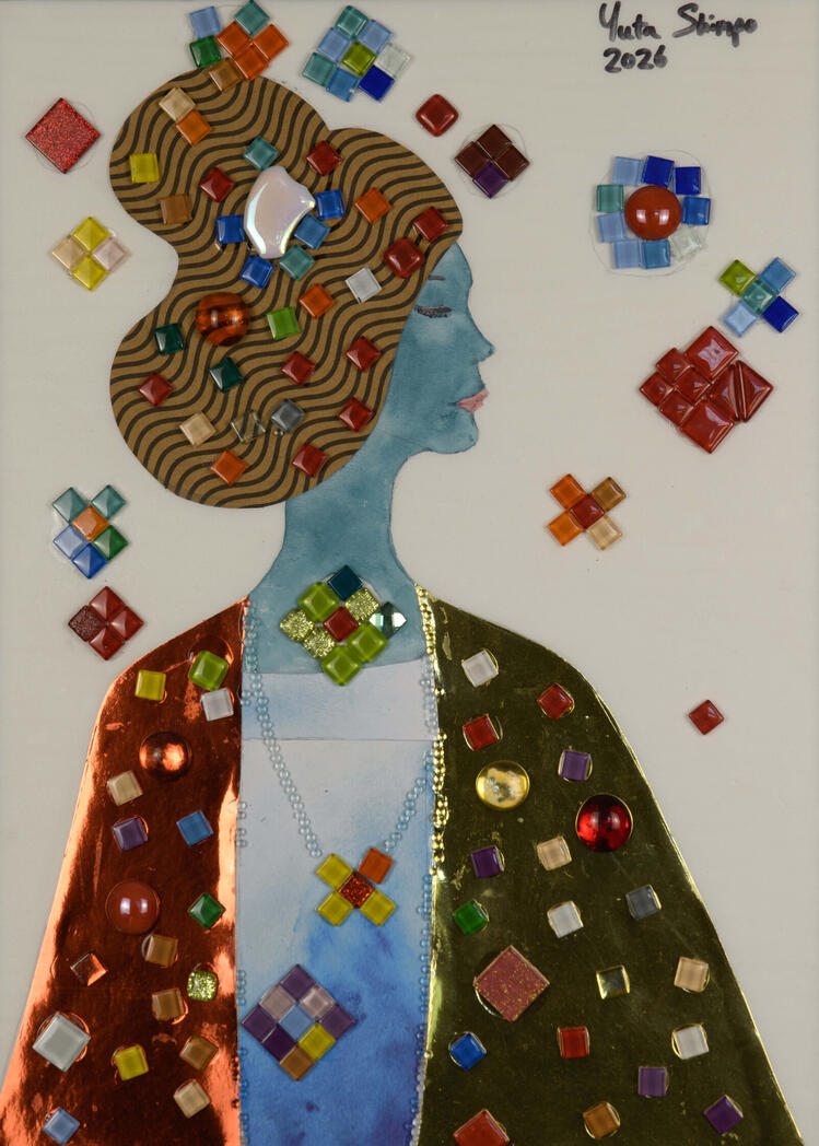 A woman's profile emerges from mosaic glass and metallic fragments, suspended between sleep and musical reverie. The tactile surface invites light to shift with the viewer's movement, mirroring the fluidity of dreams.