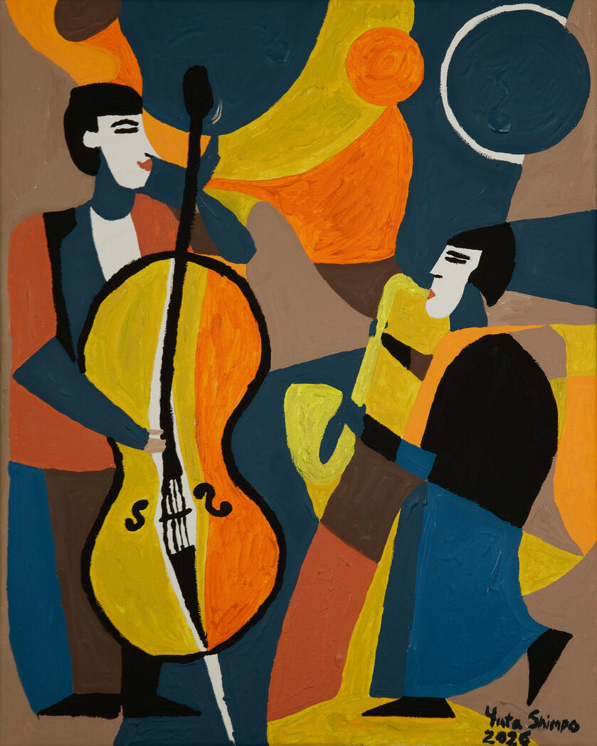 Bass and saxophone figures stand against a bold, bordeless background. Celebrating jazz as a global conversation - rhythms crossing cultures, continents, and time.