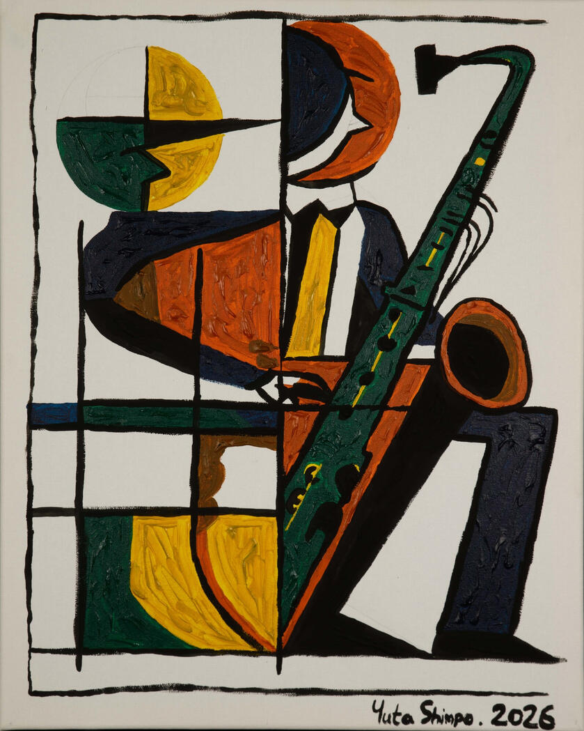 A cubist saxophonist merges with geometric forms and a striking green saxophone. Embracing fragmented structure, the painting finds beauty and soul in the broken rhythms of real performance.