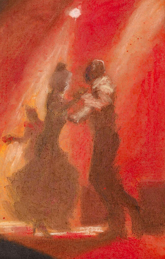 Dancers move through dramatic hot light, bodies alive with heat and rhythm. This work captures the fiery energy and physicality of a Latin-jazz night in full swing.