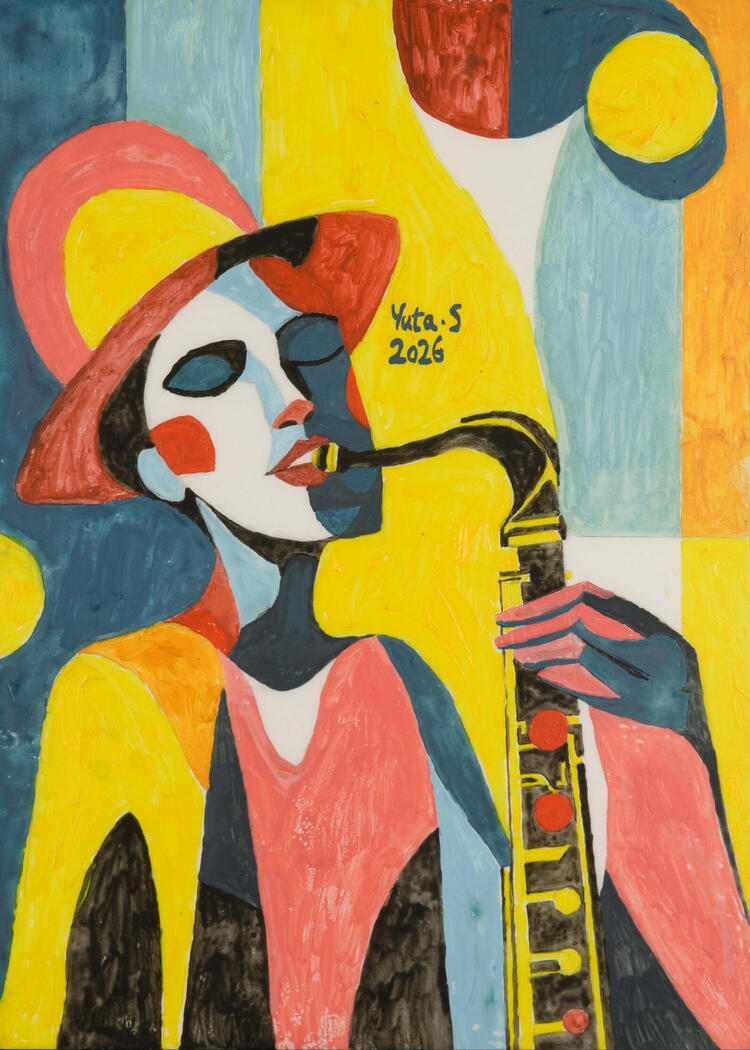 A clarinet player surges forward in bold red and dynamic blocks. This piece channels the urgency and speed of an express solo, where rhythm propels the composition into motion.