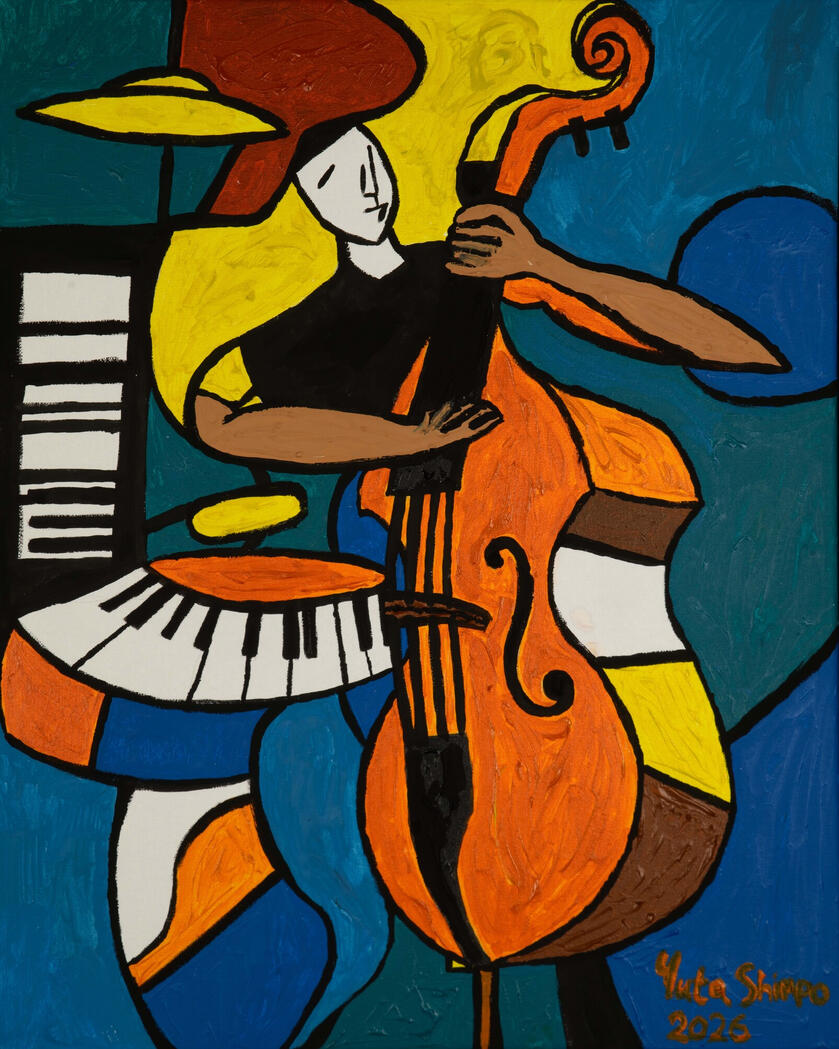 A bassist flows through swirling piano keys and drum patterns. Loose, dynamic lines attempt to paint the continuous groove and liquid movement inherent in jazz.