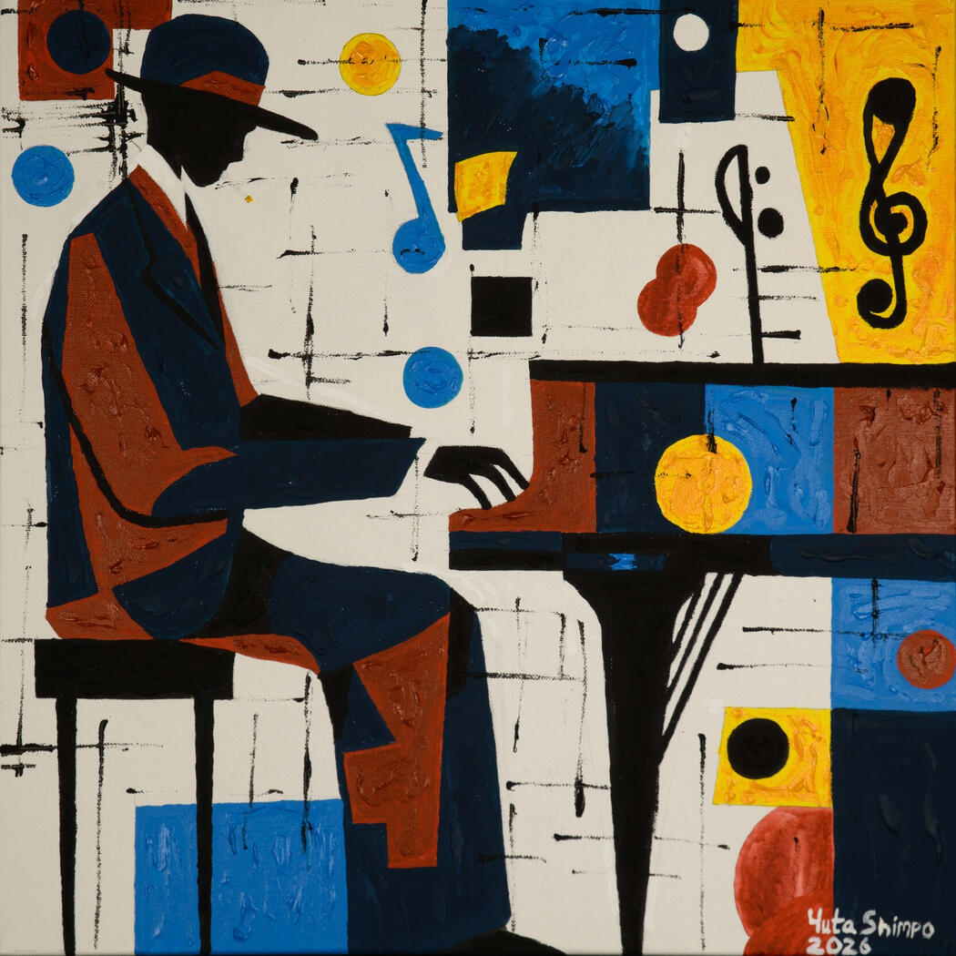 A pianist surrounded by floating notes and bold colour blocks pulses with syncopated joy. Bright and punchy, this painting translates the playful bounce of swing into visual rhythm.